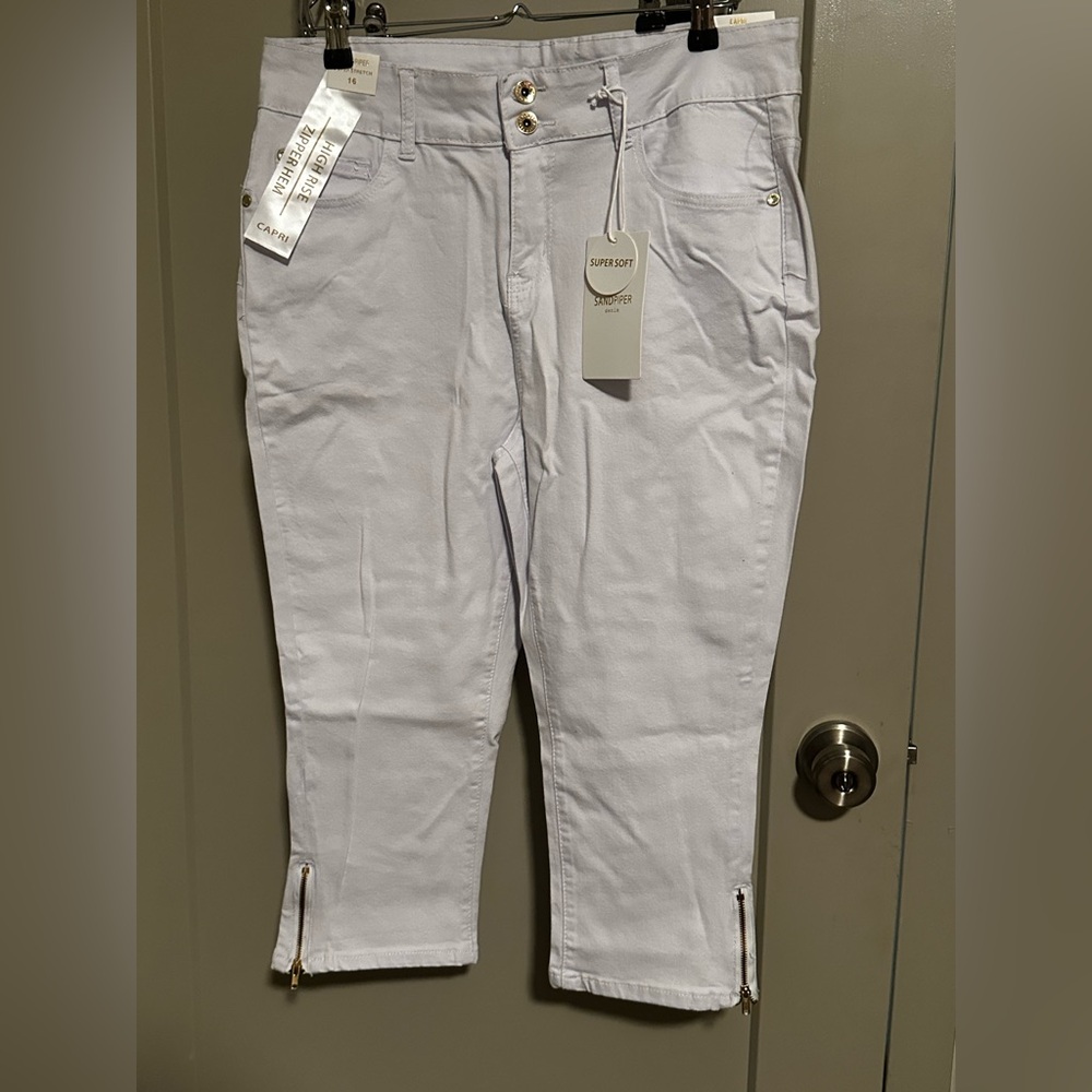 White Capri Pants with Gold Accents